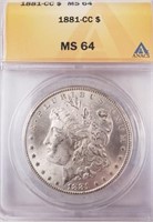 1881-CC Morgan Silver Dollar, Graded ANACS MS 64