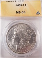 1883-O Morgan Silver Dollar, Graded ANACS MS 63