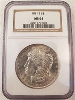 1881-S Morgan Silver Dollar, Graded NGC MS64