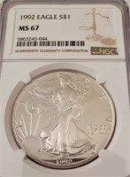1992 American Silver Eagle, Graded NGC MS 67