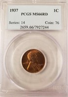 1937 Lincoln Wheat Cent, Graded PSGS MS66 RD "RED"
