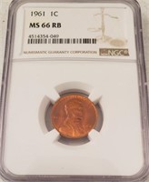 1961 Lincoln Memorial Cent, Graded MS 66 RB "RED"