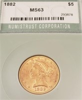 1882 $5 Liberty Head Gold Coin, Graded NTC MS63