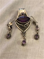 Sterling and Purple Stone Pendant and Earrings Set