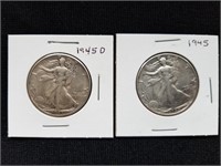 2 Walking Liberty Halves 1945 & 1945 D Silver