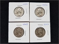 4 Washington Silver Quarters 1944 & 1950