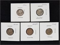 5 Mercury Silver Dimes 1941 1942 1943 1943D 1944