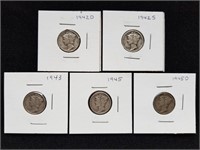 5 Mercury Silver Dimes 1942D 1942S 1943 1945 1945D