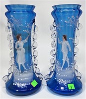 Pr. Blue Mary Gregory Vases, 11" tall x 4.5"