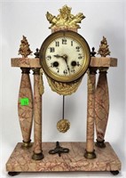 Pink Marble Mantle Clock 4" dia. brass works,