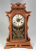 Ingraham Mantle Clock, tin face & alarm, Sycamore