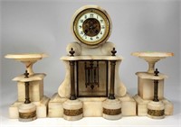 3 Piece White Marble Mantle Clock, gothic center
