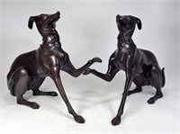 Pair Bronze Dogs - Whippets Begging, 15"T x 18"L