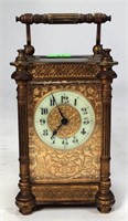 Brass Carriage Clock, French guilt case, enameled