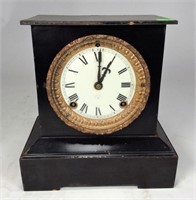 Iron Faux Marble Shelf Clock, enameled face, brass