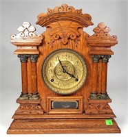 Oak Shelf Clock, gothic columns, 5.5" diameter,