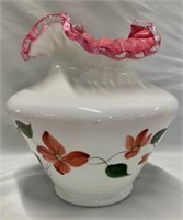 Hand Painted Fenton Vase White W/ Pink