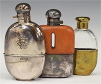 (3) ENGLISH STERLING, SILVER PLATE & BRASS FLASKS