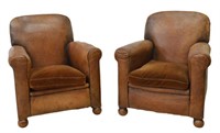 (2) FRENCH ART DECO LEATHER LOW CLUB CHAIRS