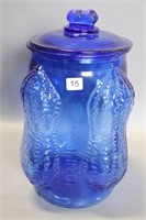 BLUE GLASS PLANTERS PEANUT JAR WITH LID - 13"H