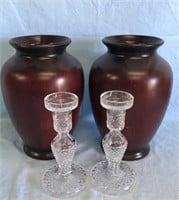 Pair Pottery Vases & EAPG Candlesticks