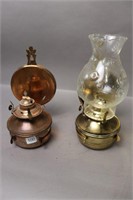 2 METAL BRACKET OIL LAMPS - ON WITH CHIMNEY