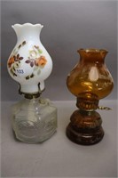 2 GLASS OIL LAMPS WITH CHIMNEY - 13"H & 10"H