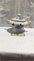 Blue and white tureen with ladle