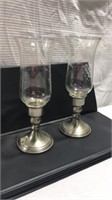 Pair 2 pewter candle holders with etched glass