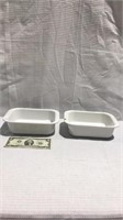 2 white Corning ware serving dishes