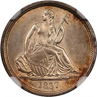 10C 1837 NO STARS. LARGE DATE. NGC MS63 CAC
