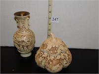 CARVED ORIENTAL BASE WITH GOLD TOP VASE AND