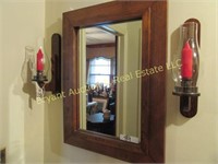 WOOD MIRRO & PAIR WOOD CANDLE SCONCE