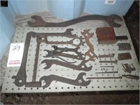 peg board w/ antique tools, 1 antique wrench