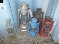4 antique lanters, small antique lamp