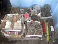 pallet of misc pulleys, hyd cylinders, box of