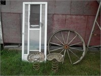 Wood spoke steel rimmed wagon wheel, screen
