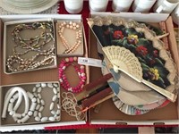 2 Tray Lots of Jewelry and Oriental Fans