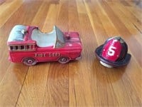 Fire Truck Planter and #5 Fire Helmet Bank