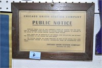 FRAMED PUBLIC NOTICE FROM "CHICAGO UNION STATION C
