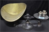 CAST IRON SCALE WITH BRASS PAN AND 3 BRASS
