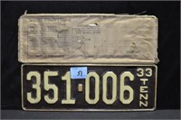 PAIR 1933 TENNESSEE LICENSE PLATES - MATCHED SET