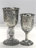 2 COIN SILVER KIDDISH GOBLETS C. 1850, 7 1/2" TALL