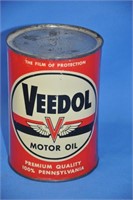 Vintage Veedol 1-qt, 20-20W metal opened oil can