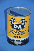 Vintage D-A Speed-Sport 1-qt oil tin, opened