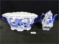 Blue/White Planter; Teapot