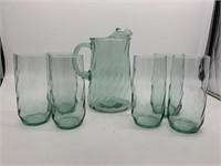 Vintage Glass Pitcher & 6 Cups