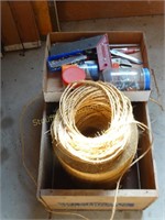 Twine, wood crate, vice grips, screw drivers,