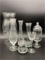 7pc Etched Glass Lot
