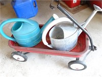 Metal wagon shows wear & 2 watering cans